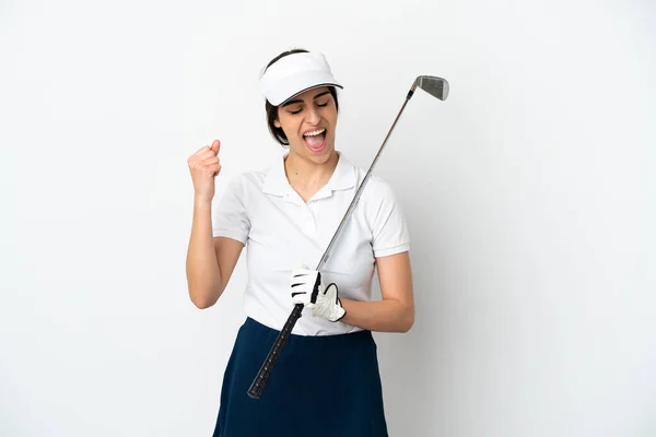Schöne Junge Golferin Auf Weißem Hintergrund Die Einen Sieg Feiert — Stockfoto