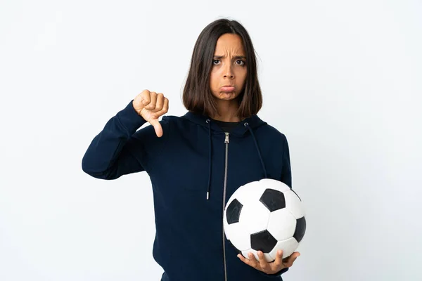 Jovem Jogador Futebol Mulher Isolado Fundo Branco Mostrando Polegar Para — Fotografia de Stock