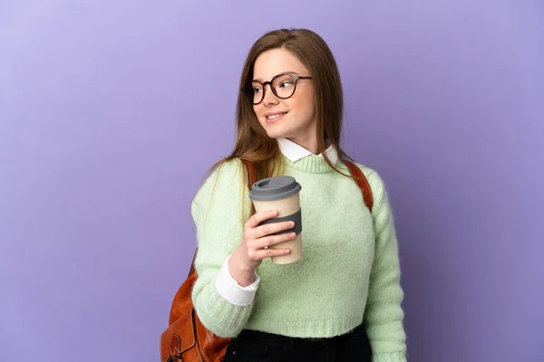 Adolescente Estudante Menina Sobre Isolado Roxo Fundo Olhando Para Lado — Fotografia de Stock