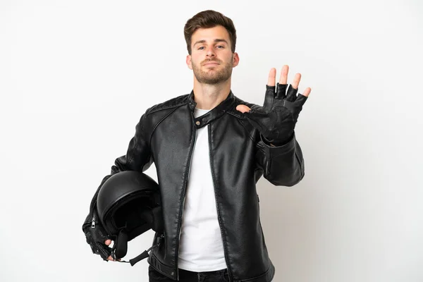 Giovane Uomo Caucasico Con Casco Moto Isolato Sfondo Bianco Contando — Foto Stock