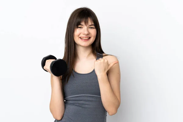 Ukrainian Sport Girl Making Weightlifting Isolated Blue Background Pointing Side — Stock Photo, Image