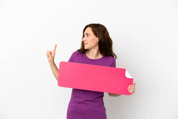 Young Caucasian Woman Isolated White Background Holding Empty Placard Thinking — Stock Photo, Image