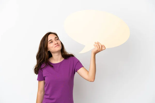 Young Caucasian Woman Isolated White Background Holding Empty Speech Bubble — Stock Photo, Image