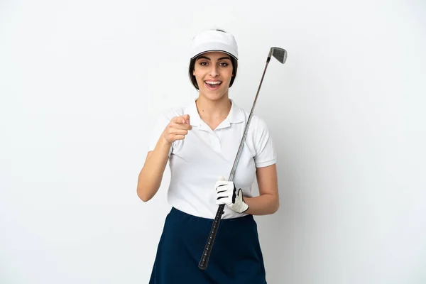 Beau Jeune Golfeur Joueur Femme Isolé Sur Fond Blanc Surpris — Photo