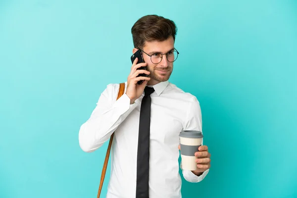 Business Man Isolated Background Holding Coffee Take Away Mobile — Stock Photo, Image