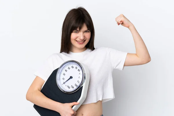 Young Ukrainian Woman Isolated White Background Holding Weighing Machine Doing — Foto Stock