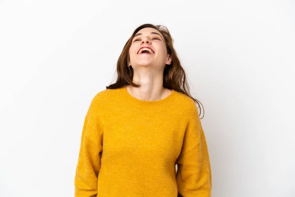 Mladá Běloška Žena Izolované Bílém Pozadí Směje — Stock fotografie
