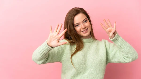 Teenager Dívka Přes Izolované Růžové Pozadí Počítání Devět Prsty — Stock fotografie