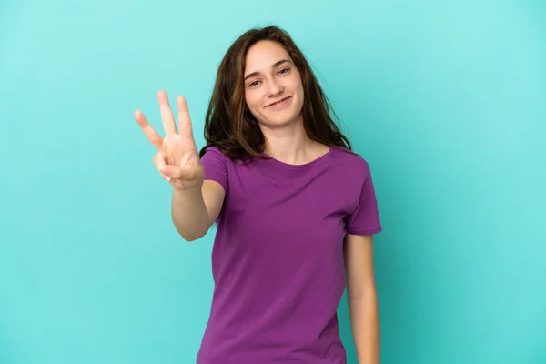 Mladá Běloška Žena Izolované Modrém Pozadí Šťastný Počítání Tři Prsty — Stock fotografie