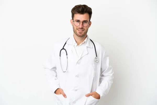 Young Doctor Caucasian Man Isolated White Background Wearing Doctor Gown — Stock Photo, Image