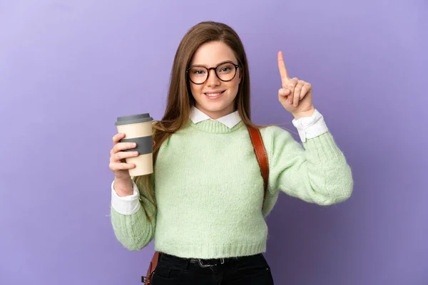 Adolescente Estudante Menina Sobre Isolado Roxo Fundo Apontando Para Cima — Fotografia de Stock