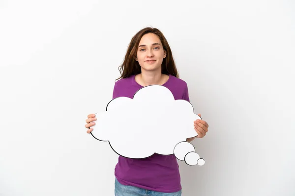 Young Caucasian Woman Isolated White Background Holding Thinking Speech Bubble — Stock Photo, Image