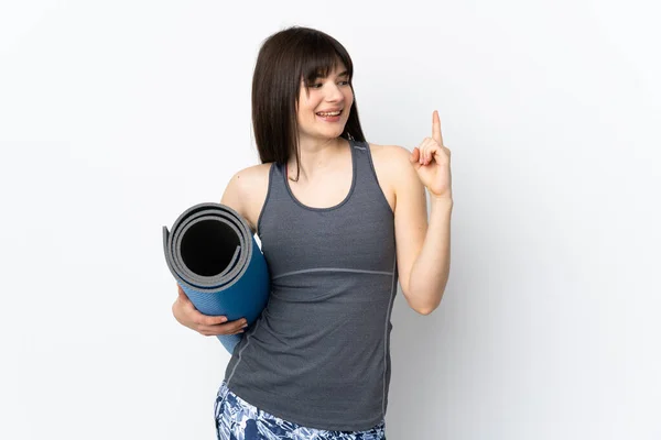 Ukrainian Sport Girl Mat Isolated Blue Background Intending Realizes Solution — Stock Photo, Image