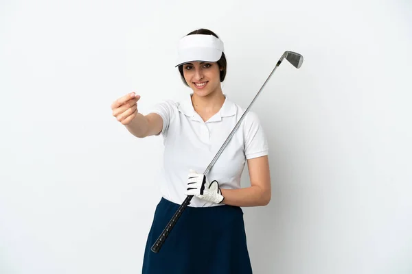 Bonito Jovem Jogador Golfe Mulher Isolada Fundo Branco Fazendo Gesto — Fotografia de Stock