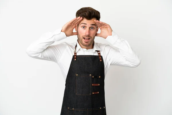 Ristorante Cameriere Caucasico Isolato Sfondo Bianco Con Espressione Sorpresa — Foto Stock