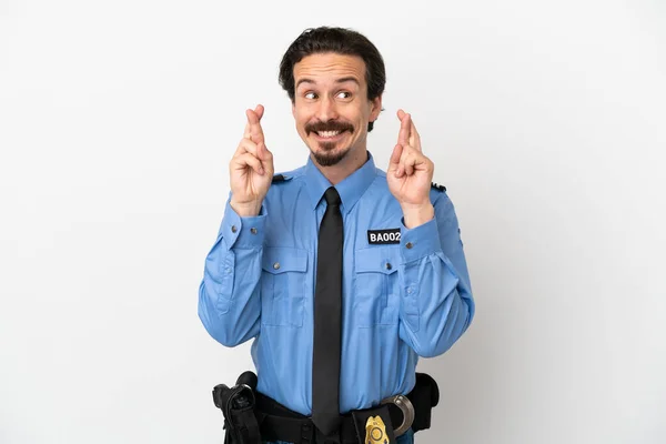 Jonge Politieman Geïsoleerde Achtergrond Wit Met Vingers Kruisen — Stockfoto