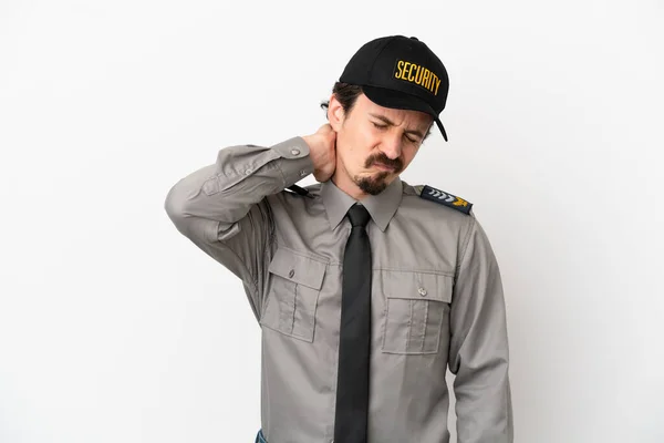 Young Caucasian Security Man Isolated White Background Neckache — Stock Photo, Image