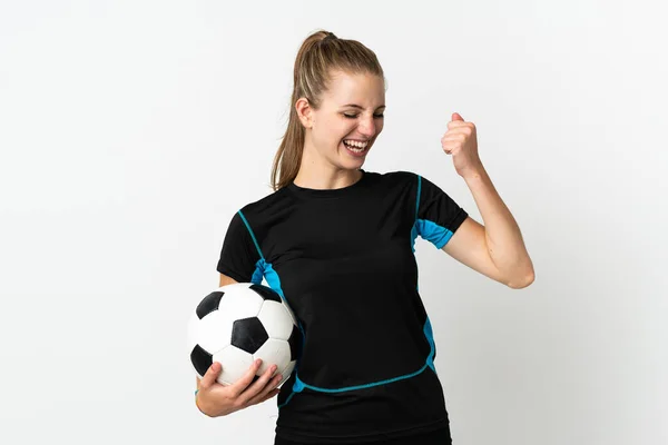 Young Football Player Woman Isolated White Background Celebrating Victory — Stock Photo, Image