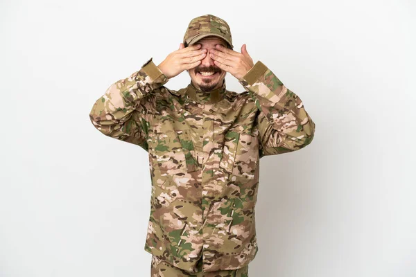 Soldier Man Isolated White Background Covering Eyes Hands — Stock Photo, Image