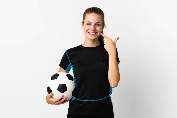 Młody Piłkarz Kobieta Odizolowany Białym Tle Dając Kciuki Górę Gest — Zdjęcie stockowe