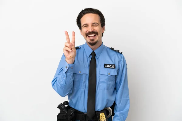Joven Policía Sobre Fondo Aislado Blanco Sonriendo Mostrando Señal Victoria —  Fotos de Stock