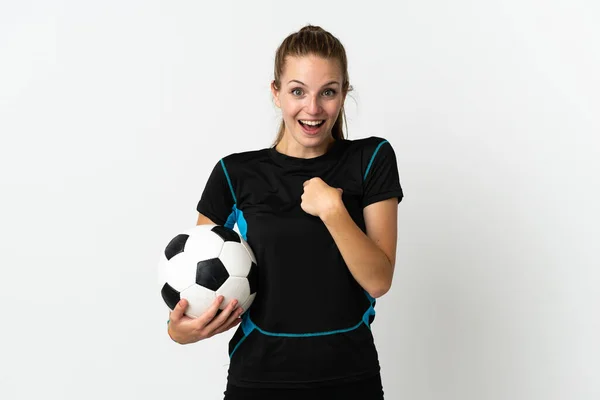 Νεαρή Ποδοσφαιριστής Γυναίκα Απομονωμένη Λευκό Φόντο Έκφραση Έκπληξη Στο Πρόσωπο — Φωτογραφία Αρχείου