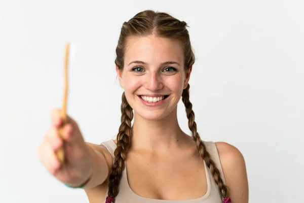 Mulher Branca Jovem Isolado Fundo Branco Com Uma Escova Dentes — Fotografia de Stock