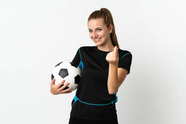Young Football Player Woman Isolated White Background Making Money Gesture — Stock Photo, Image