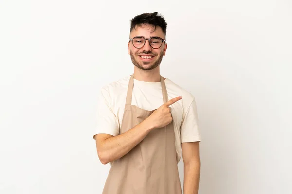 Restaurant Waiter Caucasian Man Isolated White Background Pointing Side Present — Stock Photo, Image