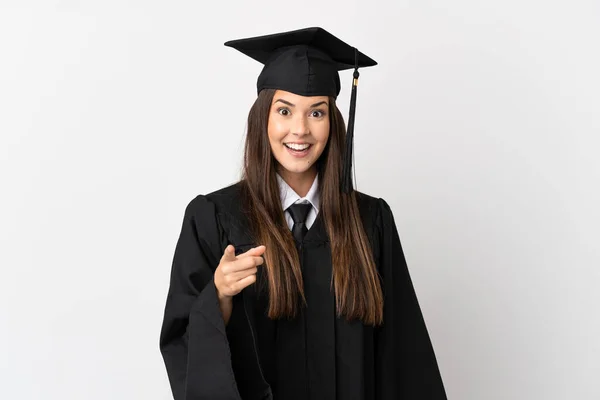 Adolescente Graduado Universitario Brasileño Sobre Fondo Blanco Aislado Sorprendido Apuntando —  Fotos de Stock