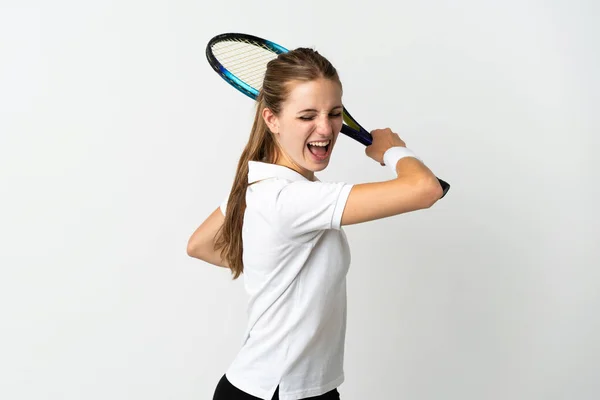 Молодая Белая Женщина Белом Фоне Играет Теннис — стоковое фото
