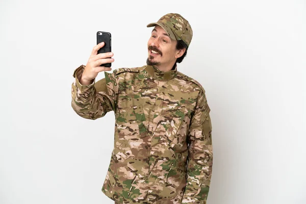 Soldat Man Isolerad Vit Bakgrund Gör Selfie — Stockfoto