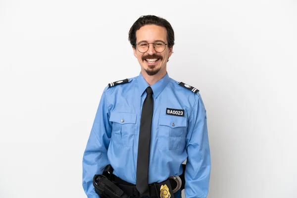 Joven Policía Sobre Fondo Aislado Blanco Con Gafas Feliz —  Fotos de Stock