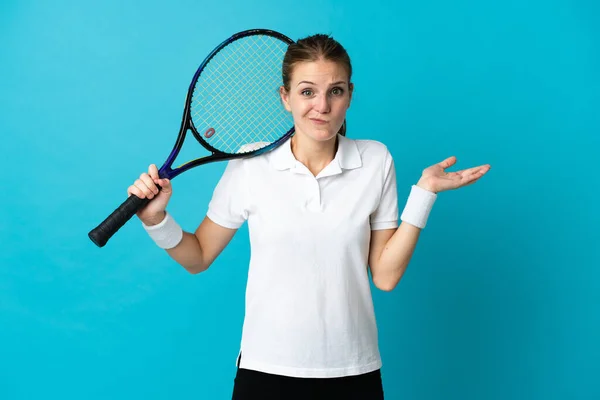 Young Woman Tennis Player Isolated Blue Background Having Doubts While — Stock Photo, Image