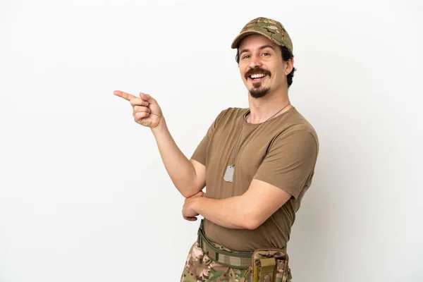 Soldier Man Isolated White Background Pointing Finger Side — Stock Photo, Image