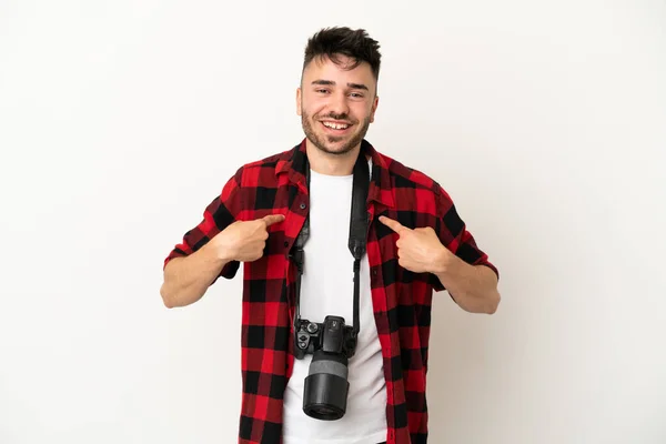 Νεαρός Φωτογράφος Καυκάσιος Άνδρας Απομονωμένος Λευκό Φόντο Έκφραση Έκπληξη Στο — Φωτογραφία Αρχείου