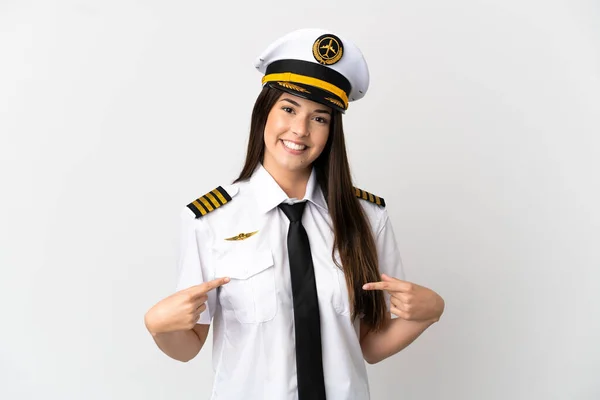 Brazylijska Dziewczyna Samolot Pilot Izolowanym Białym Tle Dumny Zadowolony Siebie — Zdjęcie stockowe