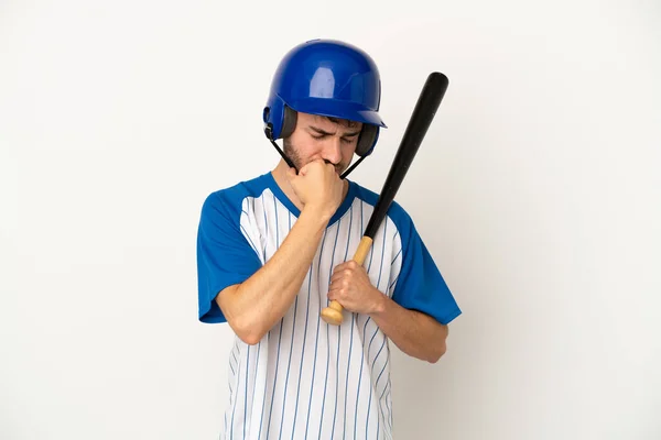 Fiatal Kaukázusi Férfi Játszik Baseball Elszigetelt Fehér Háttérrel Kétségei Vannak — Stock Fotó