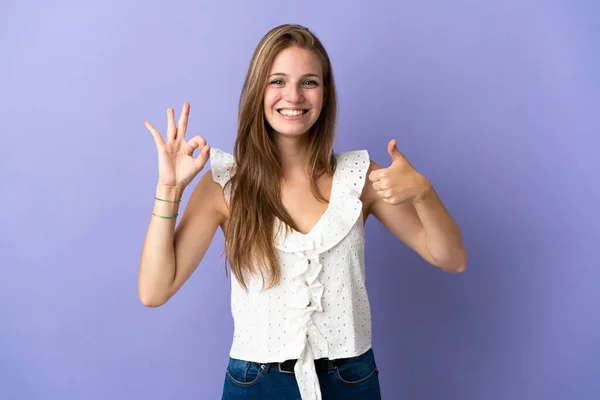 Jonge Blanke Vrouw Geïsoleerde Achtergrond Tonen Teken Duim Omhoog Gebaar — Stockfoto