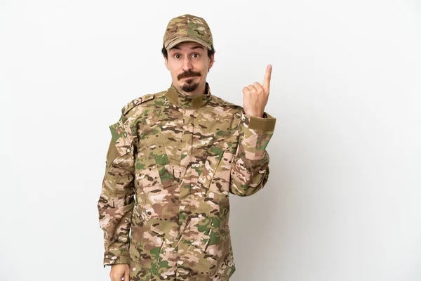 Soldat Izolat Fundal Alb Arătând Degetul Arătător Idee Grozavă — Fotografie, imagine de stoc