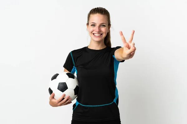 Joven Futbolista Mujer Aislada Sobre Fondo Blanco Sonriendo Mostrando Signo —  Fotos de Stock