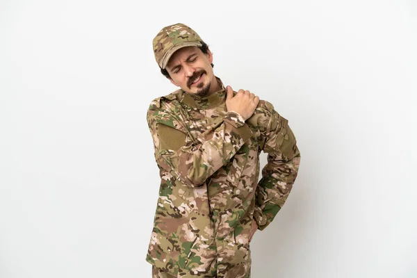 Soldat Isolé Sur Fond Blanc Souffrant Douleurs Épaule Pour Avoir — Photo