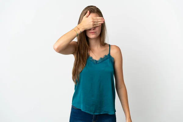 Young Caucasian Woman Isolated Background Covering Eyes Hands Want See — Stock Photo, Image