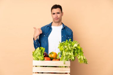 Bej arka planda izole edilmiş bir kutuda taze sebze toplayan çiftçi mutsuz ve kenarı işaret ediyor.