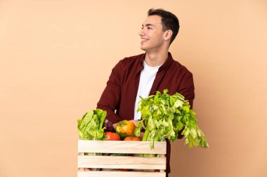 Bej arka planda izole edilmiş bir kutuda taze sebze toplayan çiftçi mutlu ve gülümsüyor.