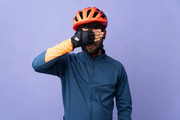 Young Moroccan Cyclist Man Isolated Purple Background Covering Eyes Hands — Stock Photo, Image