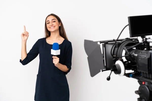 Reporter Woman Holding Microphone Reporting News Isolated White Background Pointing — Stock Photo, Image