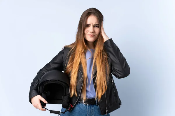Mulher Com Capacete Motocicleta Infeliz Frustrado Com Algo Expressão Facial — Fotografia de Stock