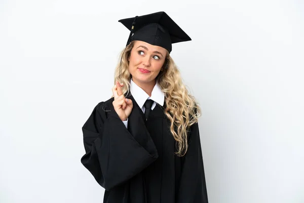 Jovem Universitária Graduada Mulher Isolada Fundo Branco Com Dedos Cruzando — Fotografia de Stock