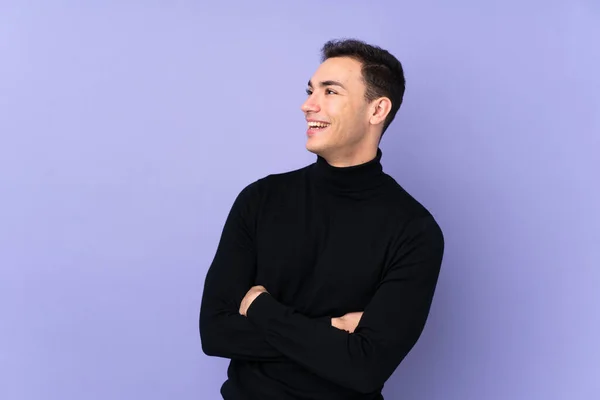 Young Caucasian Handsome Man Turtleneck Sweater Isolated Purple Background Happy — Stockfoto